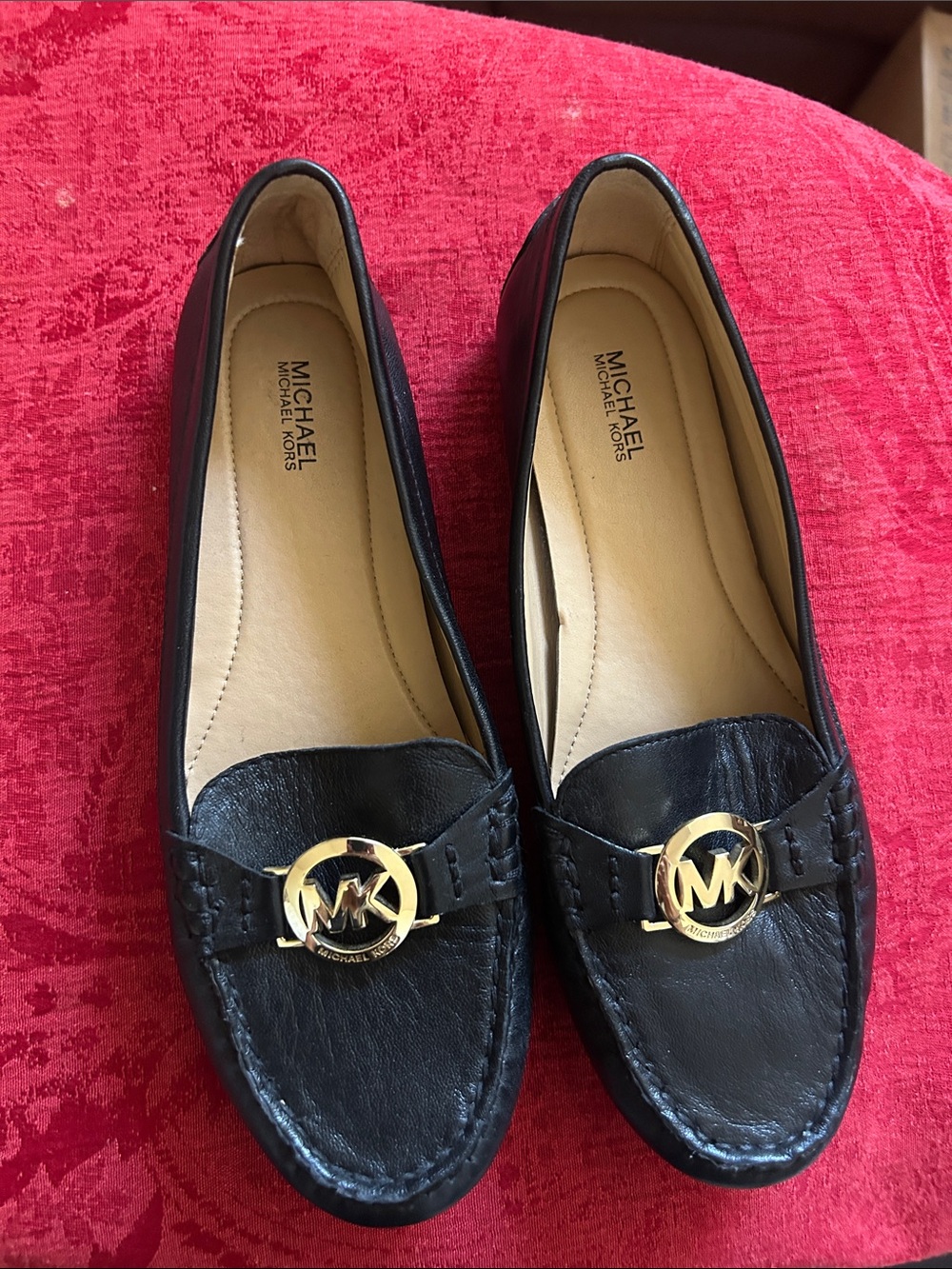 Michael Kors Black Leather Loafers with Gold MK Emblem